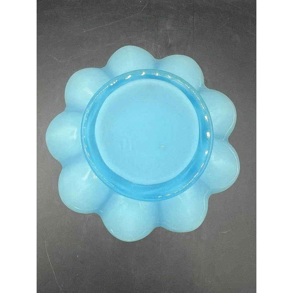 Vintage Fenton Blue Opalescent Melon Vase Ruffled Crimped Rim Art Glass 7.5”